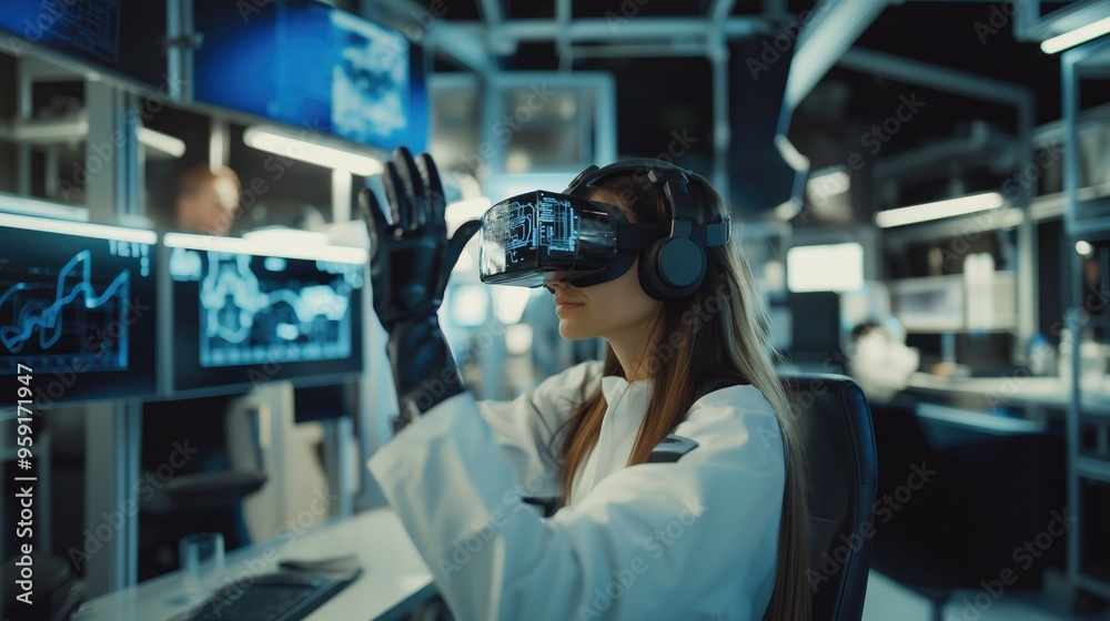 Virtual reality female bioengineer intern medical and WHO healthcare worker wearing VR glasses gear on her head and hands with digital overlay screen Virtual reality female bioengineer intern medical and WHO healthcare worker wearing VR glasses gear on her head and hands with digital overlay screen