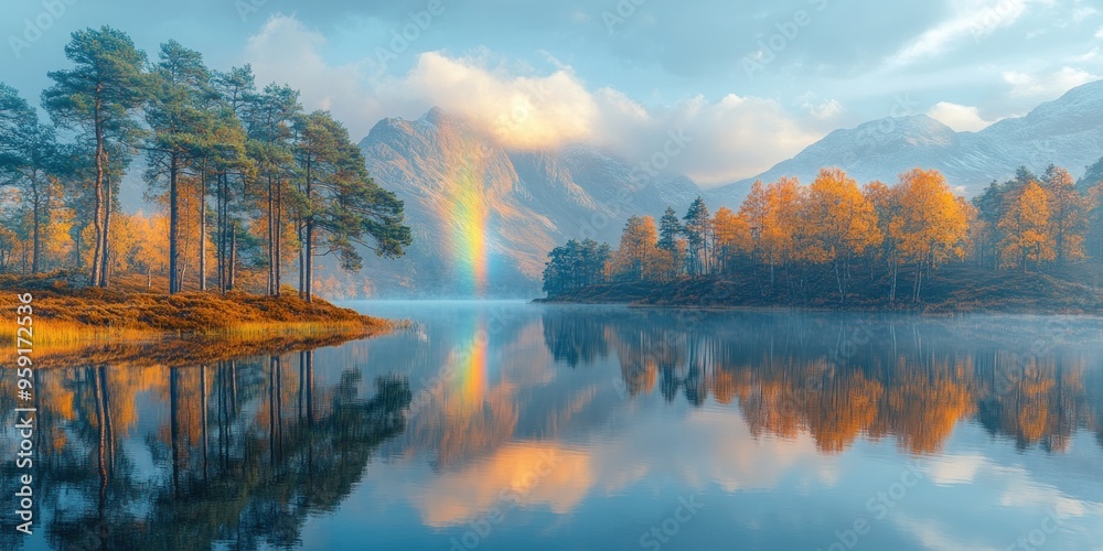 Naklejka premium Mountain Lake Reflection with a Rainbow and Autumn Colors