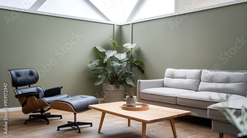 Wallpaper Mural A Scandinavian home interior design of a modern living room. There is a wooden coffee table and a lounge chair near a gray sofa. The room has a green wall and a white ceiling Torontodigital.ca