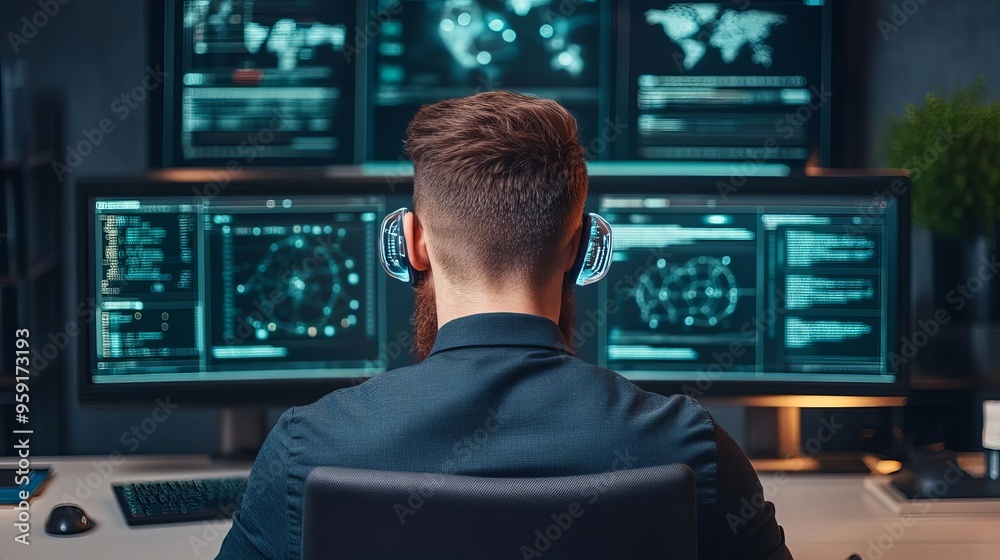 Coder refining frontend elements, holographic tools, futuristic office setup Coder refining frontend elements, holographic tools, futuristic office setup