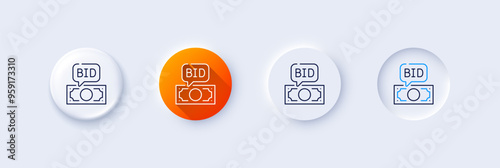 Bid offer line icon. Neumorphic, Orange gradient, 3d pin buttons. Auction sign. Raise the price up symbol. Line icons. Neumorphic buttons with outline signs. Vector