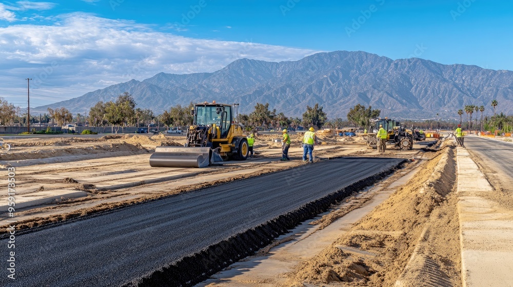 A construction team in yellow safety gear operates an asphalt paver, adding a fresh black top coat to the road while mountains loom in the background A construction team in yellow safety gear operates an asphalt paver, adding a fresh black top coat to the road while mountains loom in the background