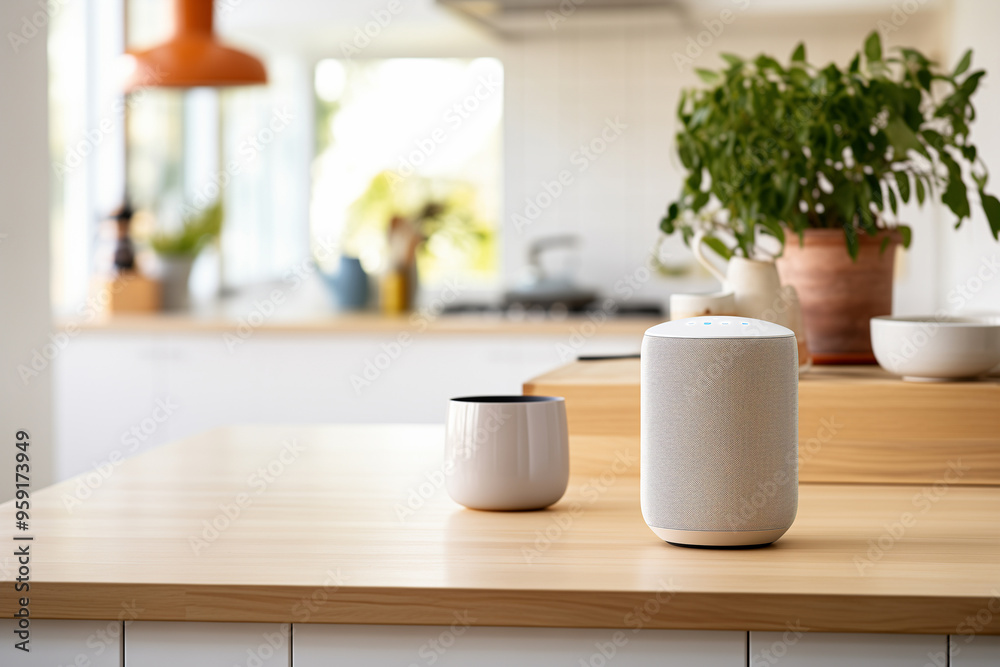 Voice-Controlled Smart Speaker. Background with selective focus and copy space Voice-Controlled Smart Speaker. Background with selective focus and copy space