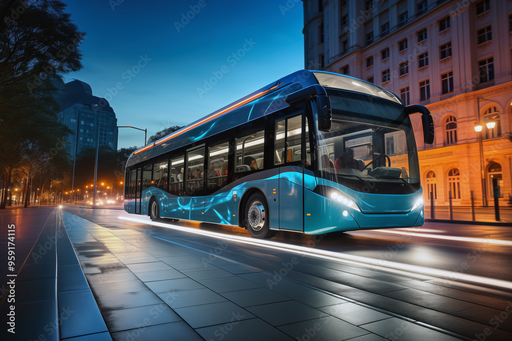Fototapeta premium Electric Bus on City Street. Background with selective focus and copy space