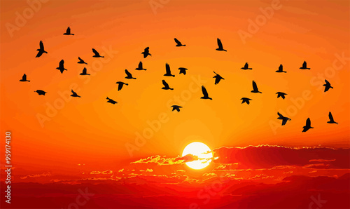 Silhouette vector of a flock of birds in the sky.