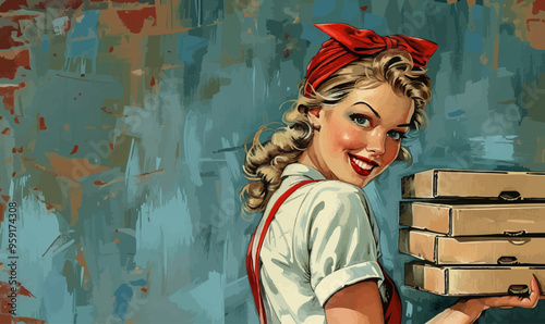 A pin-up girl, confidently delivering a stack of pizza boxes with a flirty smile sketch