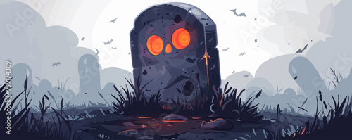 Tombstone with a spooky face on a white background. Vector flat isolated.