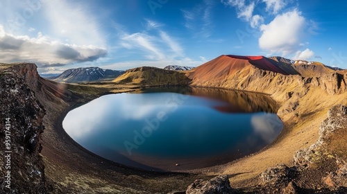 Ljotipollur Lake in the volcanic mountains of Landmannalaugar, Iceland's moon landscape with a red crater, and the breathtakingly picturesque highland scenery photo