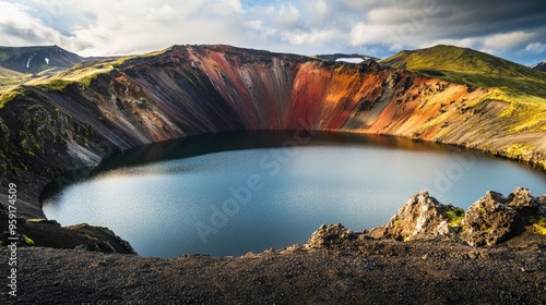 Ljotipollur Lake in the volcanic mountains of Landmannalaugar, Iceland's moon landscape with a red crater, and the breathtakingly picturesque highland scenery photo