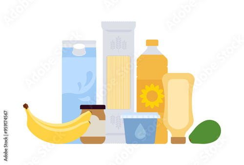 Dairy food products - milk, pasta, fruits, vegetable oil, yogurt, mayonnaise. Buying groceries, food supply, culinary. Simple vector illustration