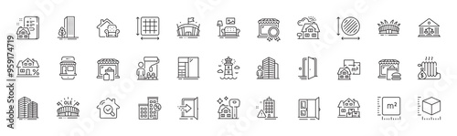 Court building, Arena and Building warning line icons. Pack of Agent, Door, Floor plan icon. Square area, Buildings, Buying house pictogram. Square meter, Furniture moving, Arena stadium. Vector