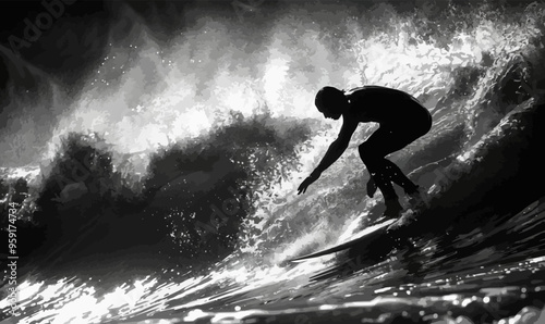 Silhouette of a person surfing.