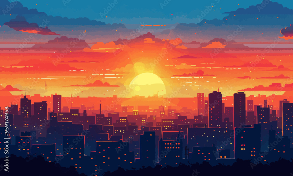 Fototapeta premium A flat vector of a cityscape at sunset.