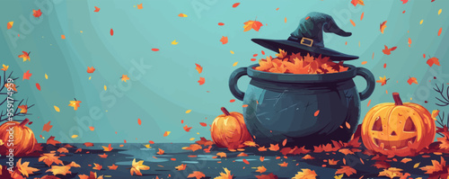 Cauldron with a witch's hat nearby. Vector flat isolated.