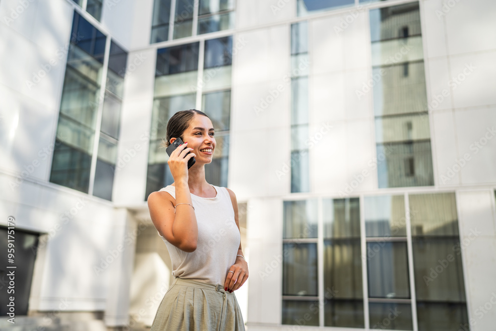 Fototapeta premium Portrait of young woman talk on mobile phone in front building