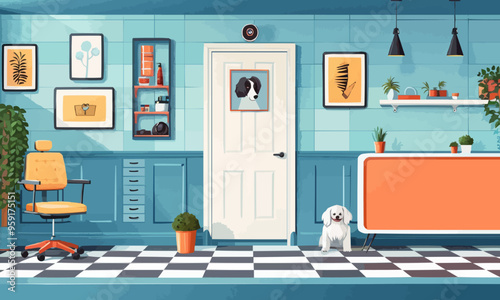 A flat vector of a dog grooming salon.