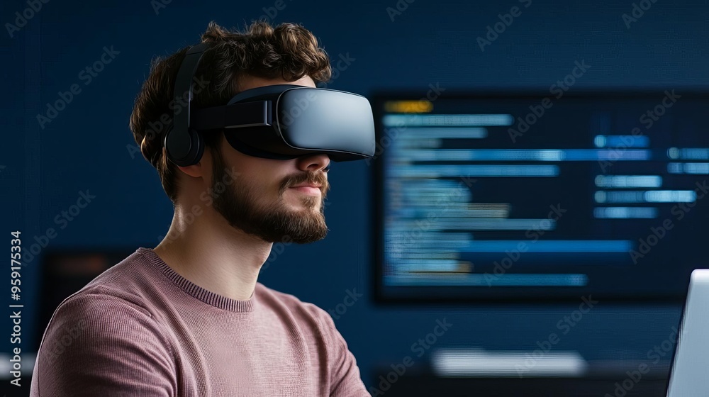 Programmer coding frontend, virtual reality displays, futuristic tech lab, blue tones Programmer coding frontend, virtual reality displays, futuristic tech lab, blue tones