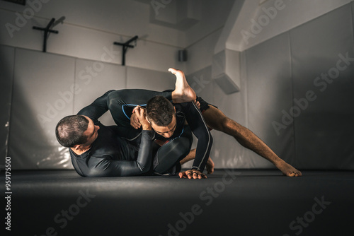 brazilian jiu jitsu bjj no gi grappling training two athletes practice