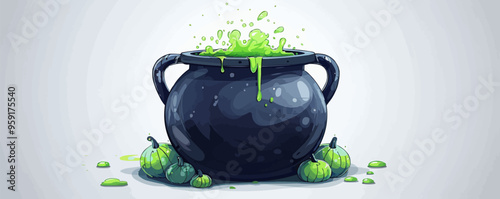 Cauldron with bubbling green potion on a white background. Vector flat isolated.