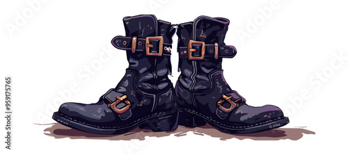 Pair of witches' boots with buckles. Vector flat isolated.