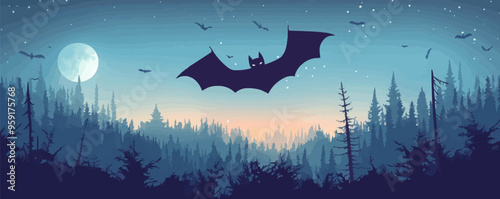 Bat flying in the night sky. Vector flat isolated.