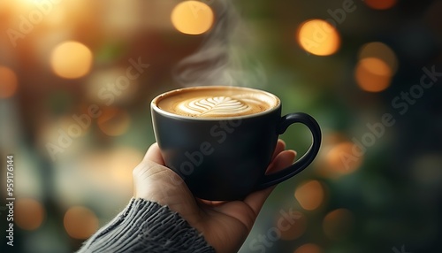 Holding a coffee cup in one hand, the background is blurred, presenting a tranquil atmosphere suitable for relaxing and enjoying life. photo