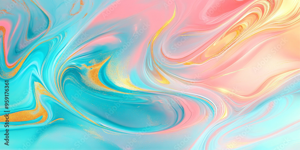 Obraz premium A radiant bright abstract background with swirling gradients in hues of turquoise, pink, and gold. The design features fluid color transitions and a modern aesthetic.
