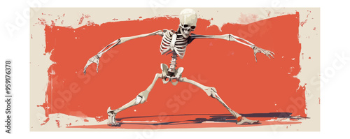 Skeleton doing a spooky dance. Vector flat isolated.