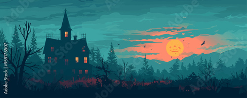 Haunted house with a bat flying above. Vector flat isolated.