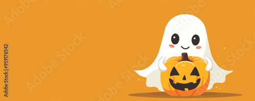 Ghost holding a pumpkin. Vector flat isolated.