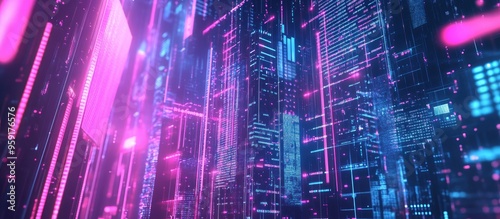 Vibrant urban backdrop featuring big data elements geometric forms wavy designs cyber safety themes and a futuristic 3D rendering with pink and blue neon lighting