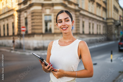 Portrait of young woman stand on the street and use digital tablet