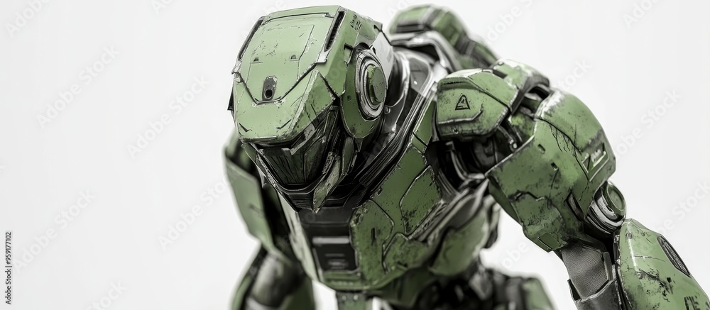Futuristic mech soldier displayed against a white backdrop This military robot features a green and gray metallic finish showcasing scratched armor and a pilot controlled design 3D rendering