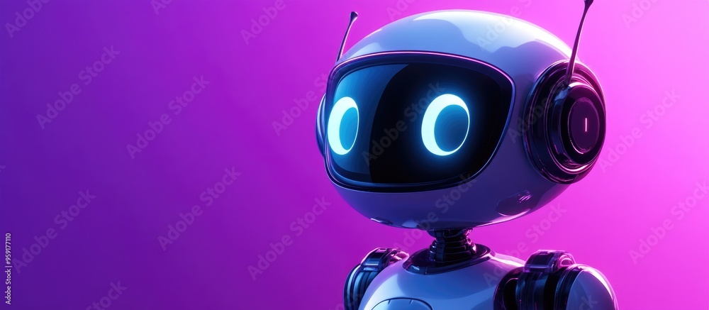 Adorable robot featuring a 15 screen set against a purple backdrop Emphasizing technology in 3D visualization