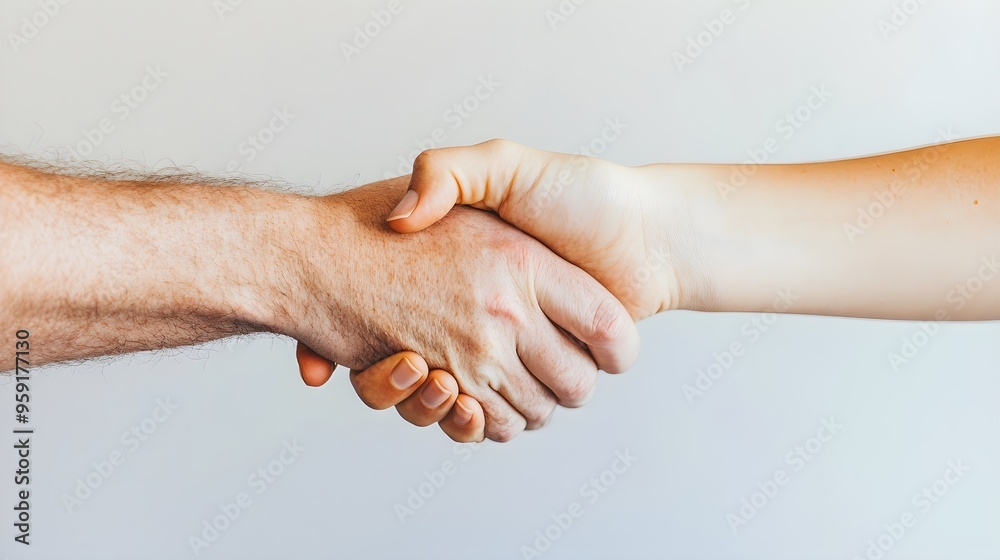 A close-up of hands shaking between a recruiter and a candidate, symbolizing a successful job placement, against a light solid color backdrop A close-up of hands shaking between a recruiter and a candidate, symbolizing a successful job placement, against a light solid color backdrop