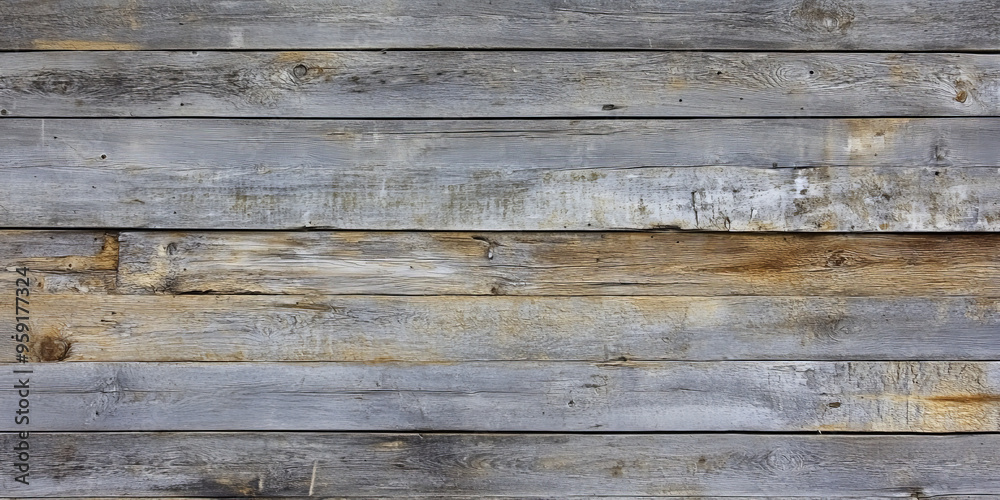 Fototapeta premium Rustic wooden backdrop with rough, aged oak planks arranged horizontally. The wood has a weathered, grayish-brown color with hints of green moss, creating a natural, organic feel perfect for an