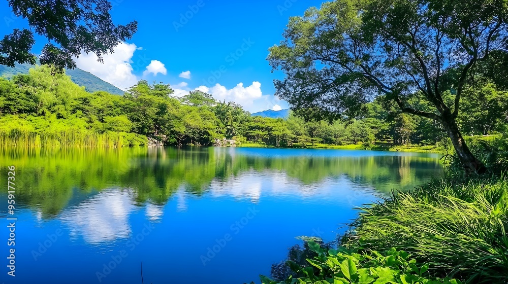A serene landscape featuring a tranquil lake surrounded by lush greenery, reflecting the clear blue sky, embodying a sense of calm and natural beauty A serene landscape featuring a tranquil lake surrounded by lush greenery, reflecting the clear blue sky, embodying a sense of calm and natural beauty