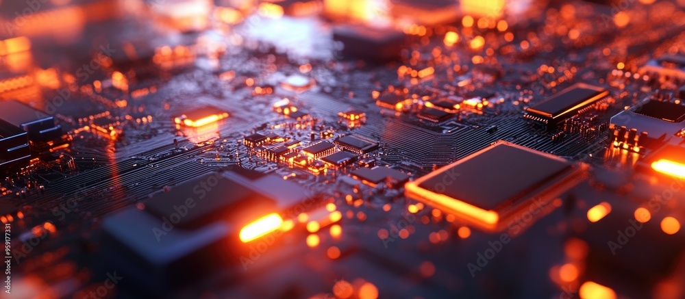 Close up of a microchip featuring numerous electrical components on a blurred background Close up of a microchip featuring numerous electrical components on a blurred background