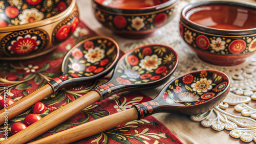 Decorative Wooden Spoons with Traditional Gzhel and Khokhloma Patterns, Vibrant Folk Art Display