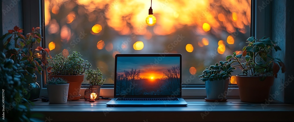 Laptop with sunset on screen, illuminated by hanging lightbulb, on windowsill with plants. Laptop with sunset on screen, illuminated by hanging lightbulb, on windowsill with plants.