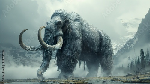 A large woolly mammoth stands in a snowy landscape with mountains in the background.