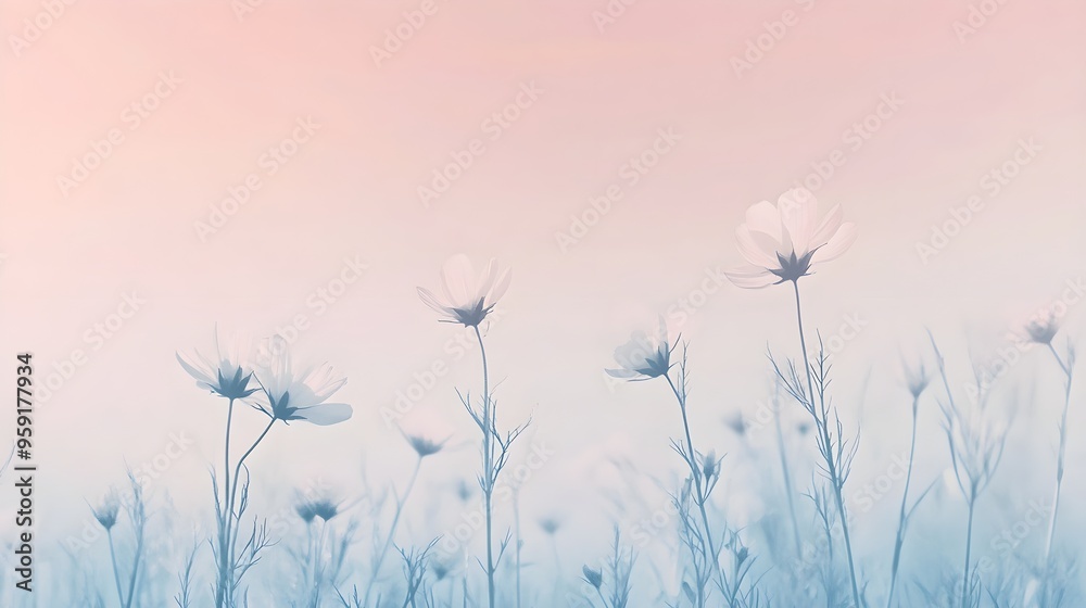 Fototapeta premium A serene landscape with a soft gradient of pastel colors, featuring delicate flowers in the foreground against a light solid color background