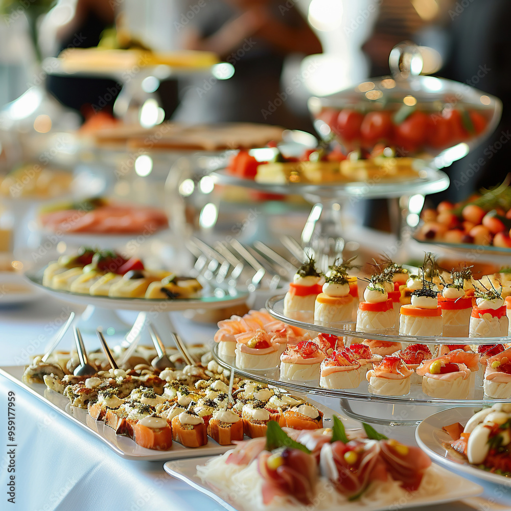 buffet spread of appetizers at social event, assortment of gourmet bites, sushi, canapes, cheeses buffet spread of appetizers at social event, assortment of gourmet bites, sushi, canapes, cheeses