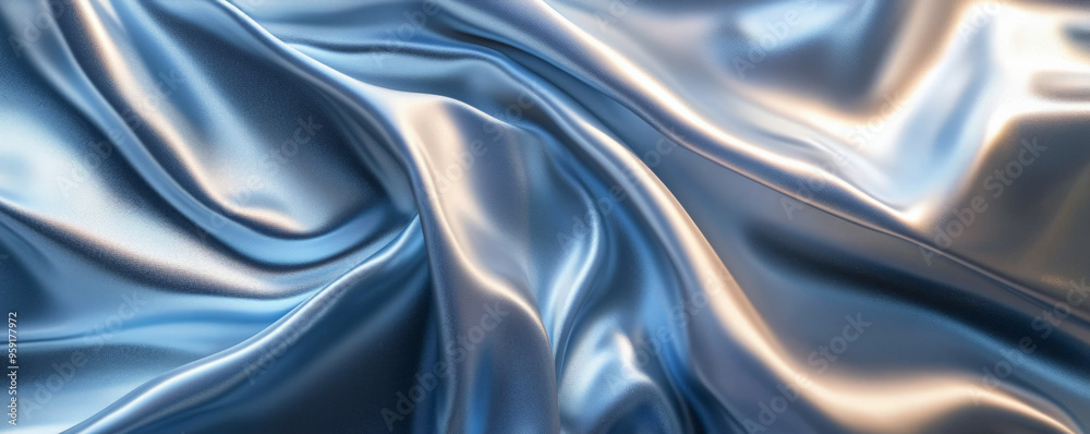 Fototapeta premium A modern abstract background with 3D silk fabric in gradient tones of cobalt blue to silver. The fabric flows elegantly, with a futuristic, high-tech appearance.