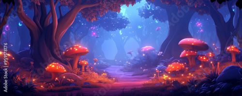 A 3D cartoon-style enchanted forest landscape with glowing mushrooms, towering trees with twisted branches, and a soft, misty atmosphere. The scene is magical and mysterious, with vibrant,