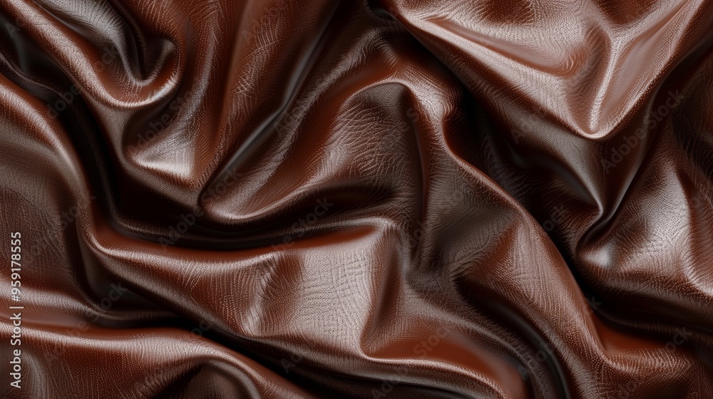Luxurious brown satin fabric draped elegantly on a surface, showcasing its rich texture and glossy sheen under soft light