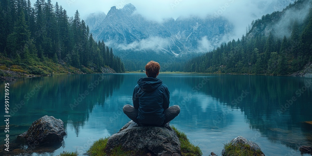 A Man Meditating by a Tranquil Mountain Lake