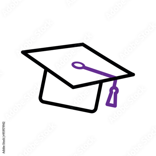 Graduation cap icon with purple tassel and black outline Vector