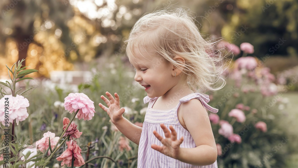 a 4 year old blonde girl with a joyful attitude near flowers in a garden a 4 year old blonde girl with a joyful attitude near flowers in a garden