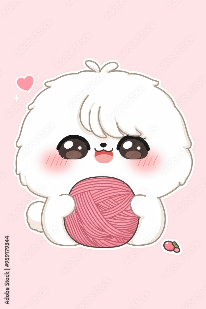 Obraz premium Adorable fluffy cartoon dog with pink yarn ball on pastel background